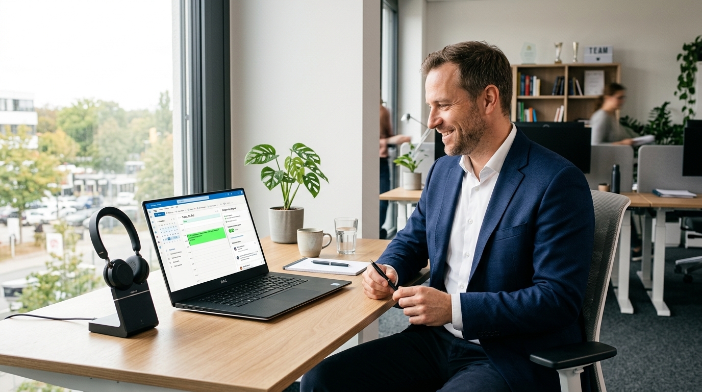 Fotorealistische Büroszene zeigt entspannten Vertriebsprofi mit automatisch gebuchtem Termin auf dem Monitor