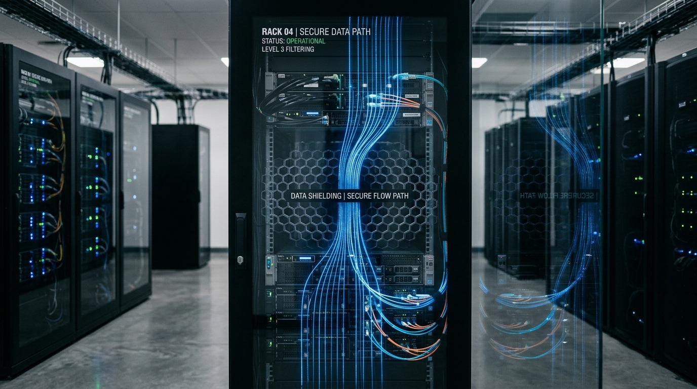 Fotorealistisches Header-Bild visualisiert IT-Sicherheitsschichten und kontrollierte Datenflüsse