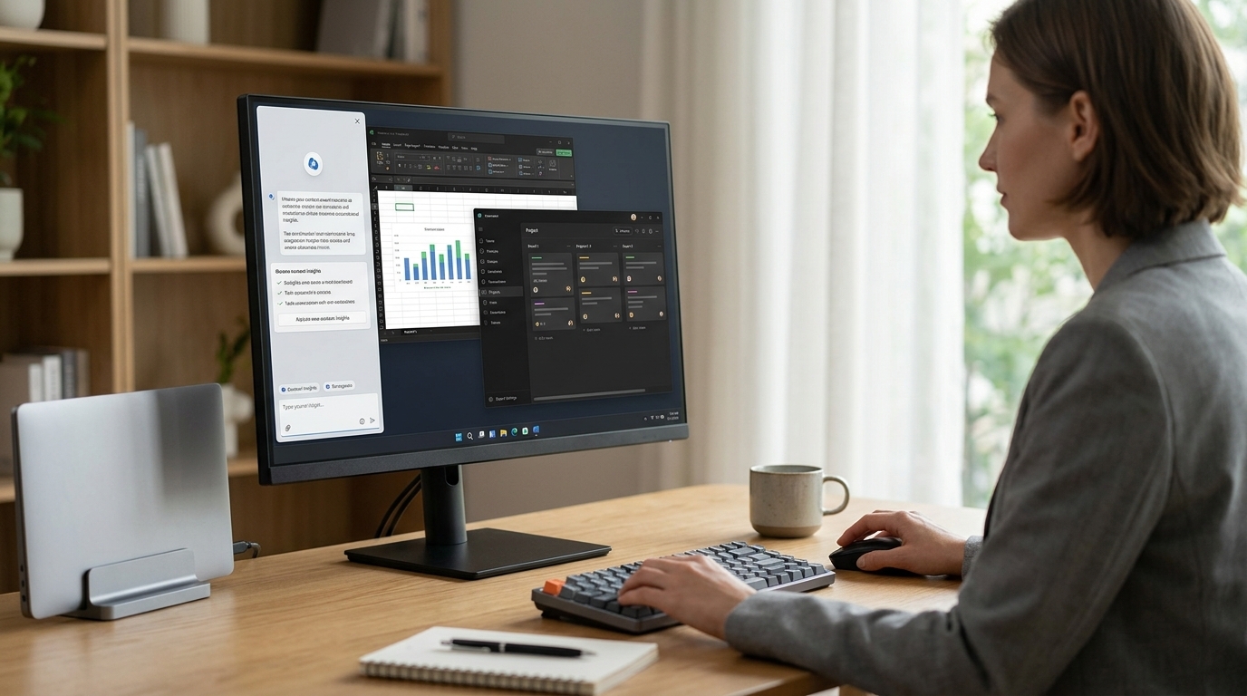 Minimalistisches Desktop-Setup zeigt kontextbezogene KI-Assistenz direkt am Bildschirm