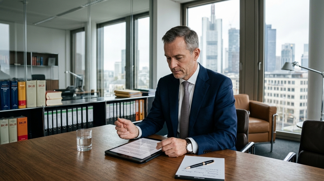 Fotorealistische Büroszene visualisiert Rechtssicherheit und Vertrauen bei der KI-Einführung im Mittelstand