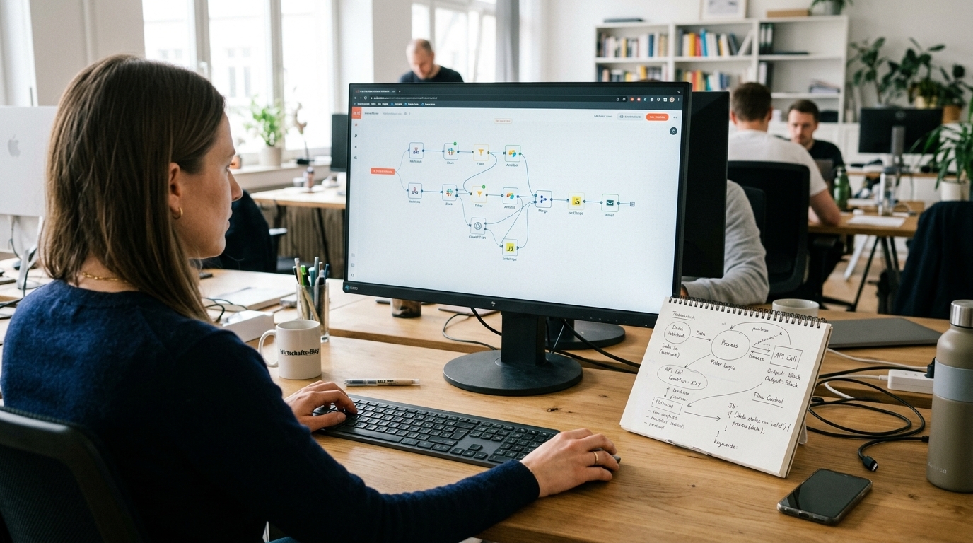 Fotorealistisches Bürobild mit Workflow-Builder auf einem Monitor und technischen Skizzen auf dem Schreibtisch