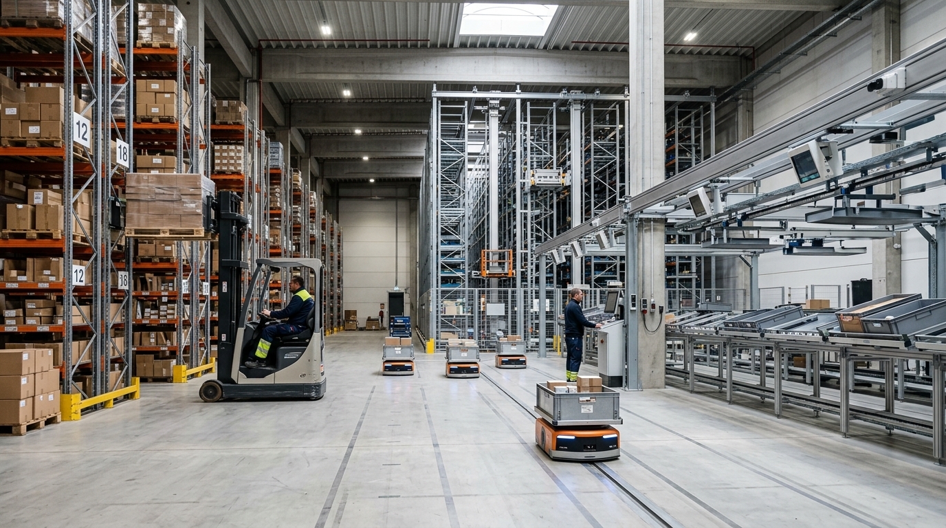 Fotorealistisches Bild eines modernen, hochautomatisierten Logistikzentrums mit Transportrobotern