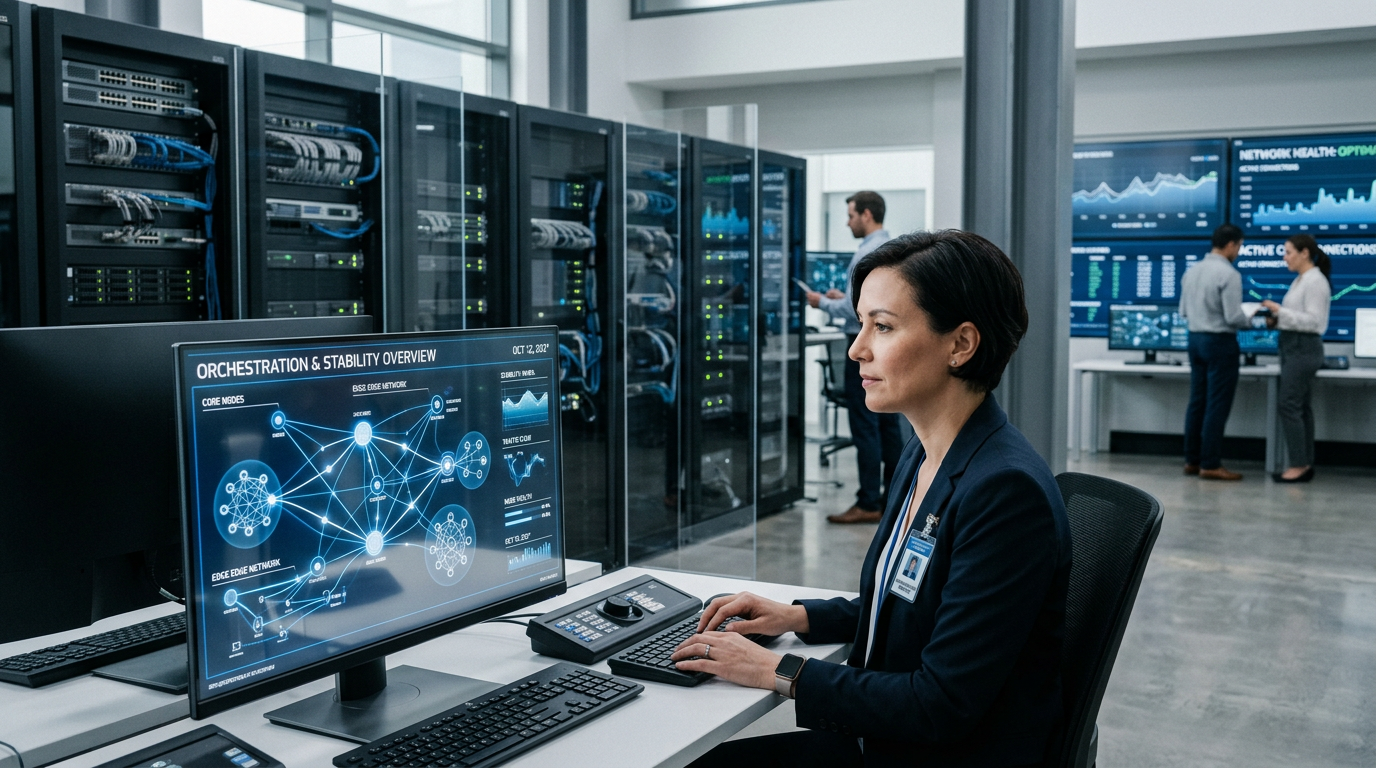 Fotorealistisches Header-Bild visualisiert IT-Infrastruktur und Multi-Model-Orchestrierung