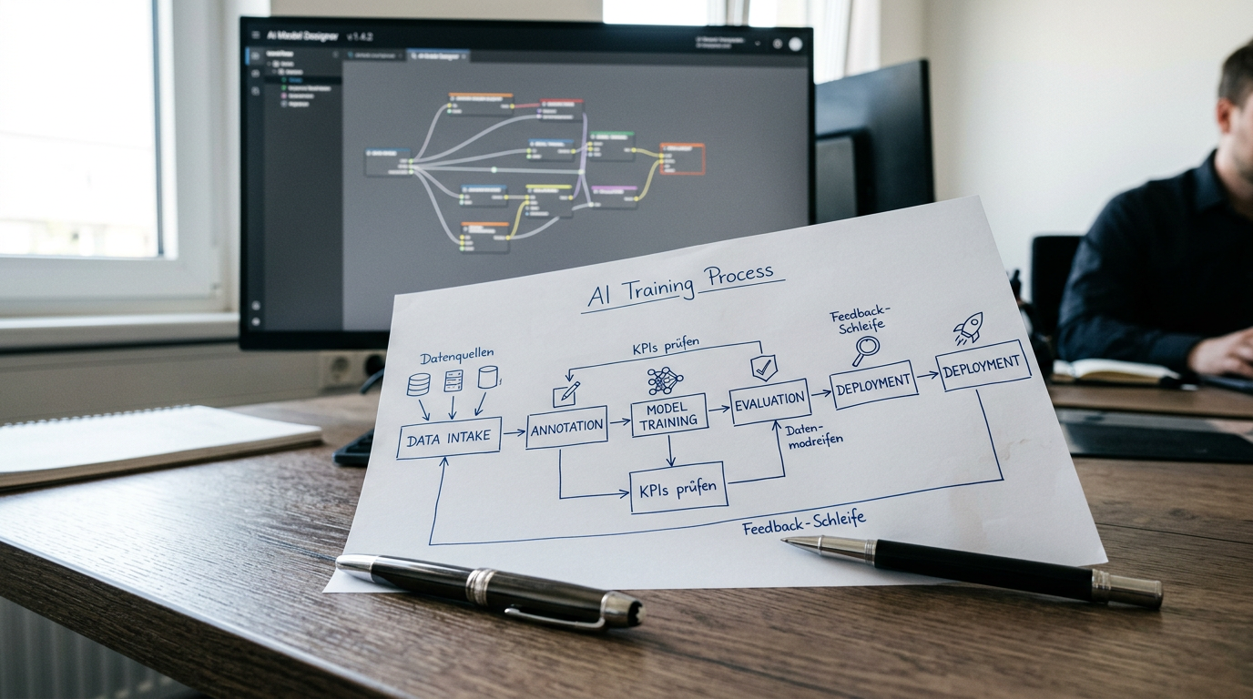 Fotorealistische Büroszene zeigt technische Prozessskizzen als Fundament für KI-Workflows