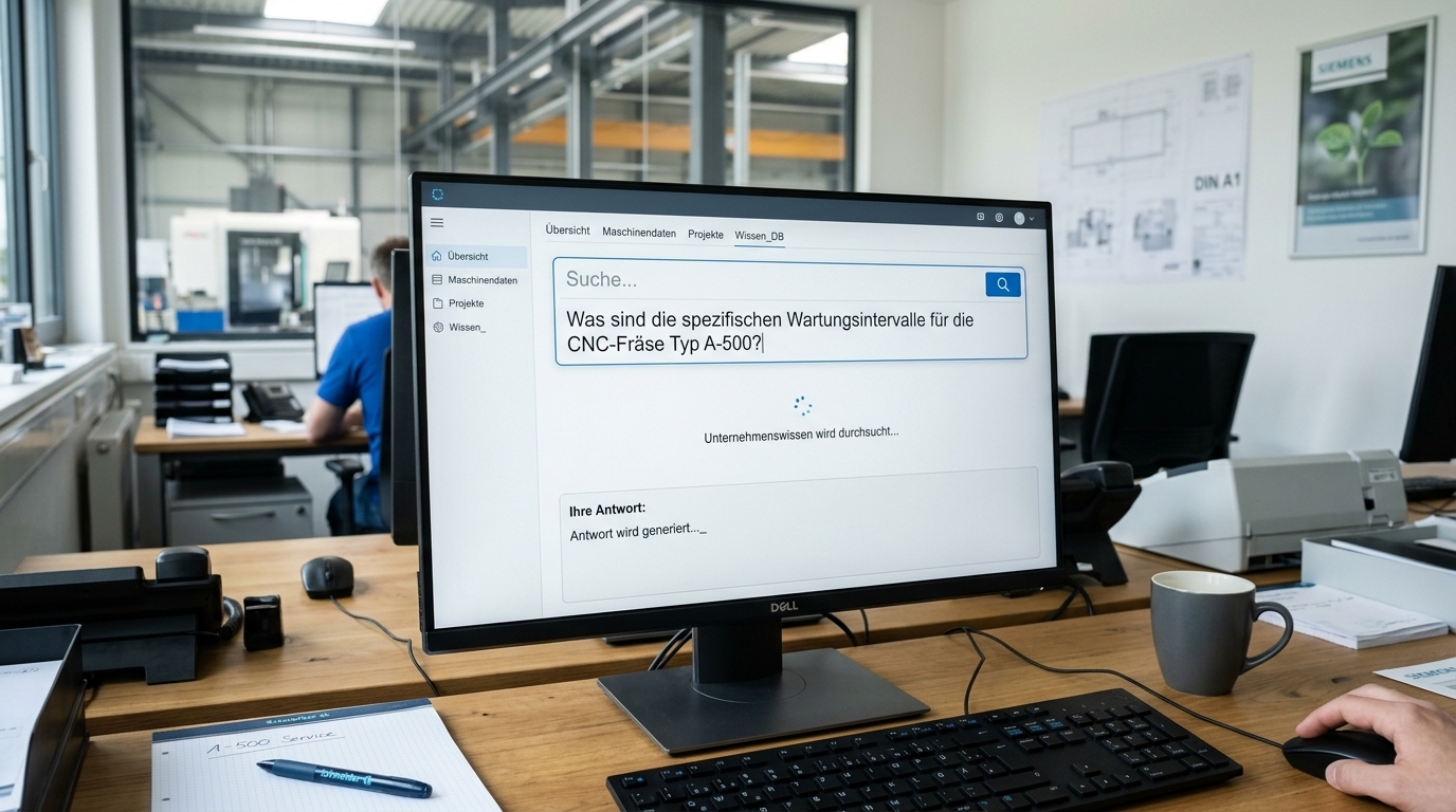 Monitor zeigt KI-gestützte Suche im Unternehmenswissen mit Fokus auf Fertigungsanfragen