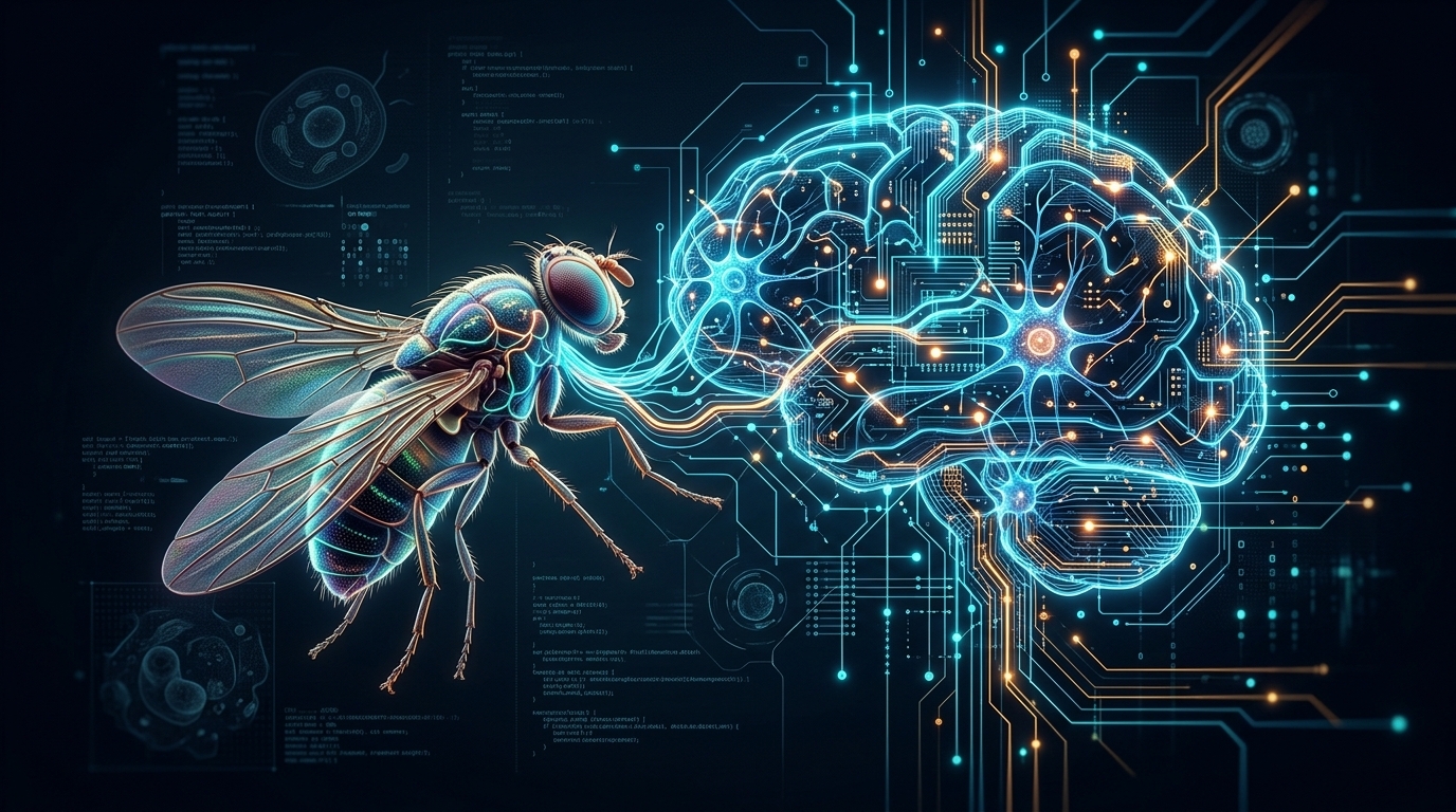 Stilisierte Darstellung einer Fruchtfliege mit digitalem, leuchtendem Nervensystem