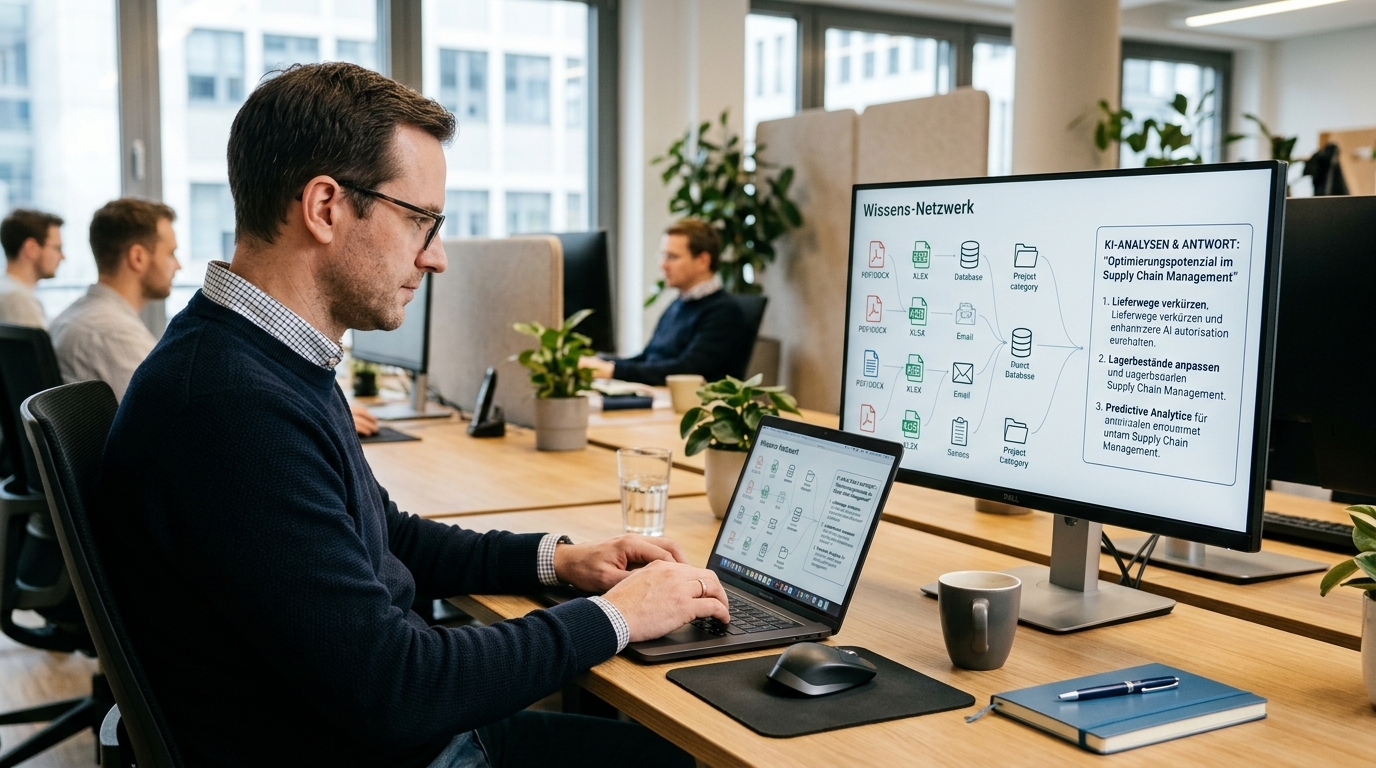 Fotorealistische Büroszene zeigt Mitarbeiter mit grafischer Darstellung vernetzter Datenquellen auf einem Monitor