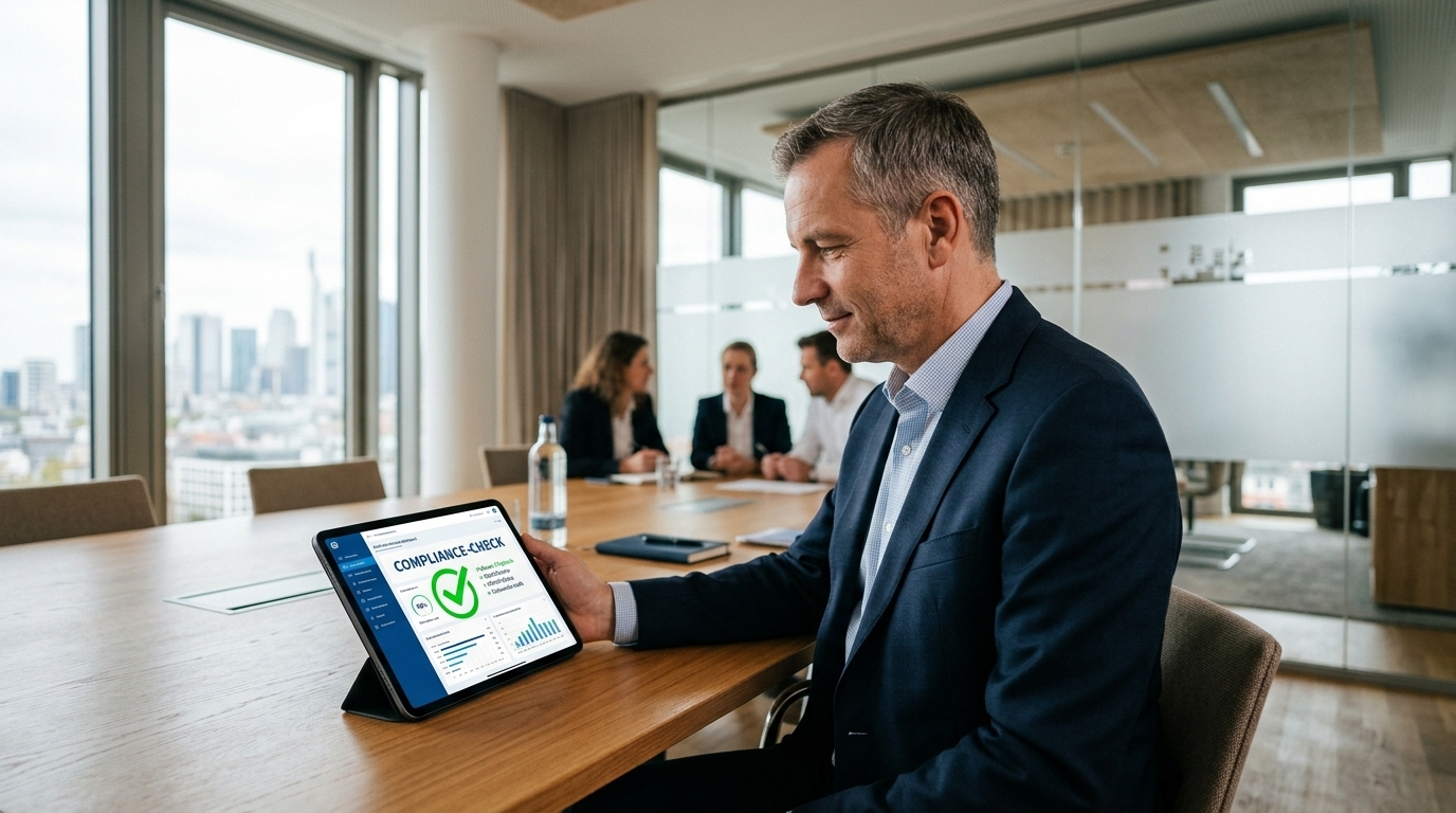 Fotorealistische Büroszene zeigt Entscheider mit Tablet beim Compliance-Check