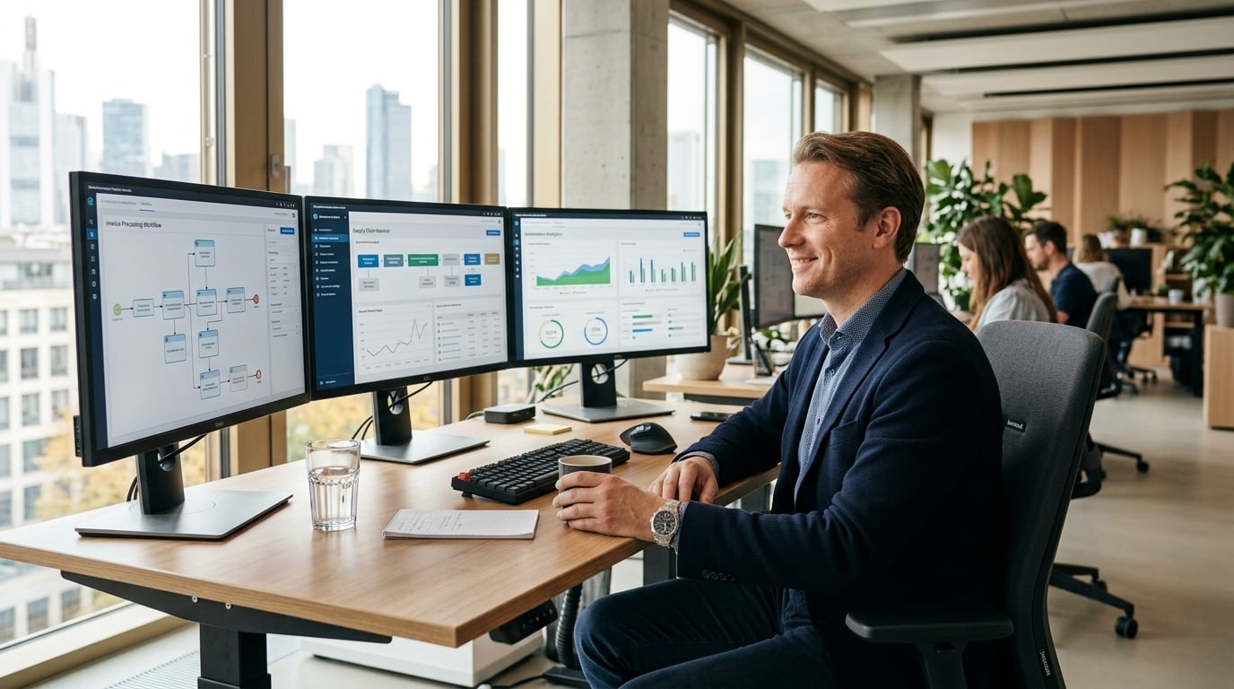 Fotorealistische Büroszene zeigt Mitarbeiter mit Prozessvisualisierungen auf Monitoren