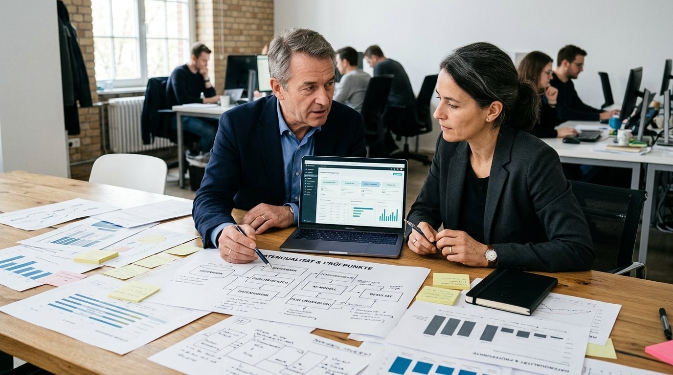 Editorial-Fotografie mit Prozessunterlagen, Daten-Ausdrucken und Laptop zur Visualisierung substanzieller KI-Beratung