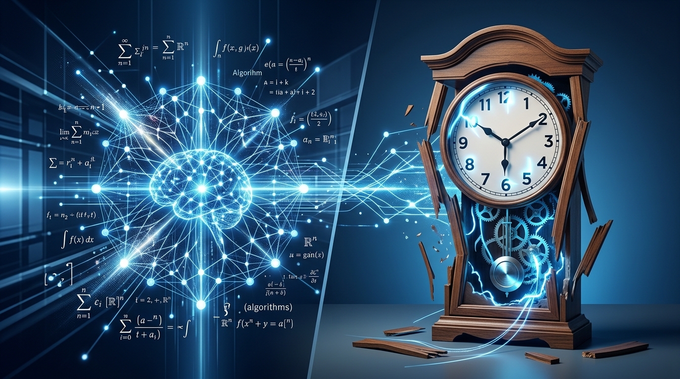 Kontrast von hochkomplexen neuronalen Netzen und einem fehlerhaft dargestellten Alltagsobjekt (Uhr)