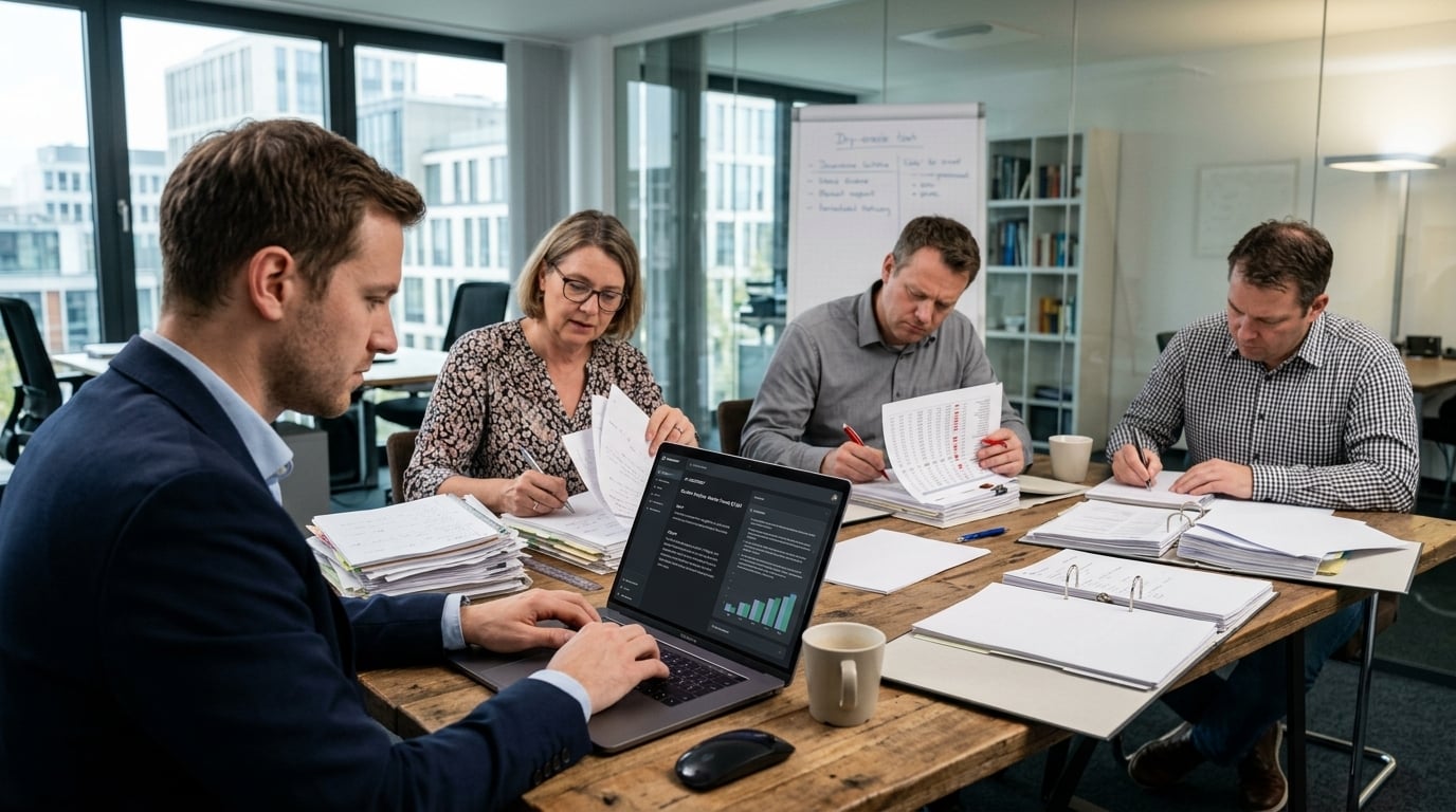 Fotorealistische Büroszene visualisiert die KI-Effizienz-Kluft im Team
