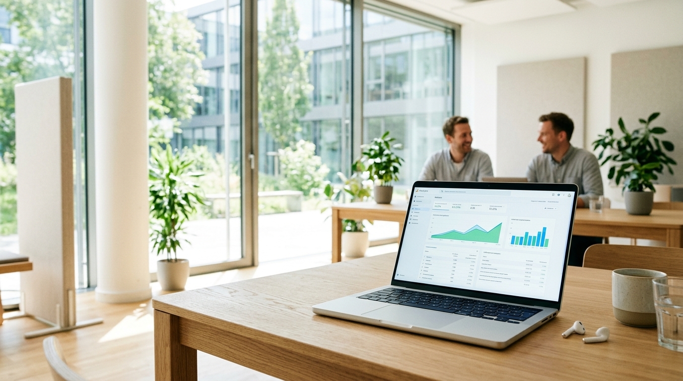 Helles, modernes Büro-Setup visualisiert KI-Innovation und datengetriebenen Erfolg in Deutschland